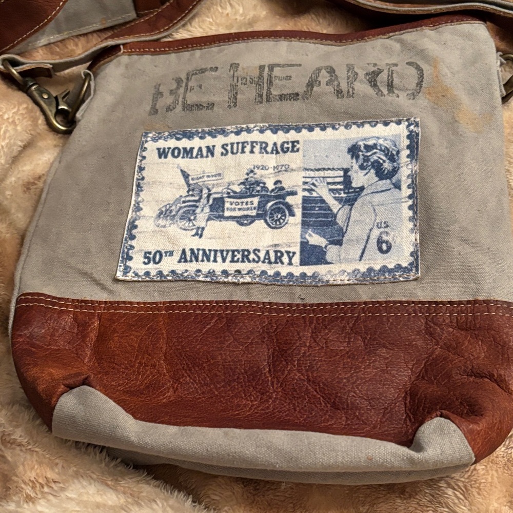 Clea Ray  Beige and Brown Canvas Crossbody Bag with Suffrage Patch